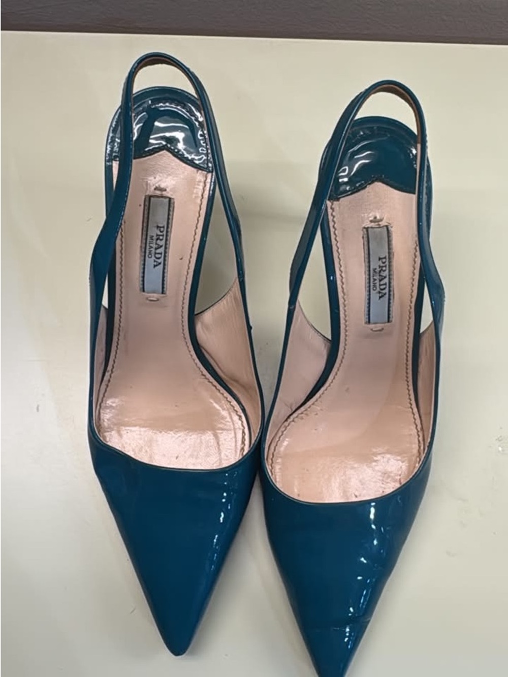 Prada Teal Patent Leather Pointed Slingback Heels - Picture 2 of 4